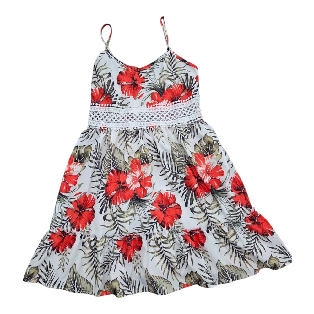 Tropical Cami Dress With Lace Detail. Size M, red/orange Hibiscus